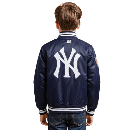 Pro Standard kids New York Yankees Script Tail satin jacket in Midnight Navy, back model view