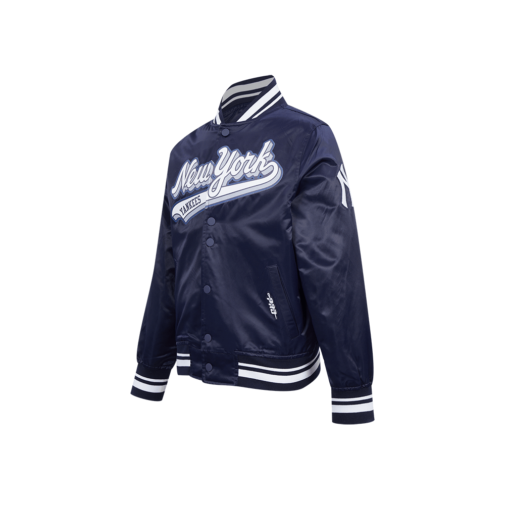 Pro Standard kids New York Yankees Script Tail satin jacket in Midnight Navy, front angle