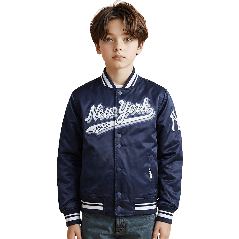 Pro Standard kids New York Yankees Script Tail satin jacket in Midnight Navy, front model view