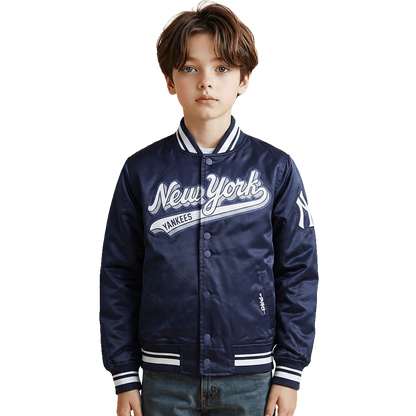 Pro Standard kids New York Yankees Script Tail satin jacket in Midnight Navy, front model view