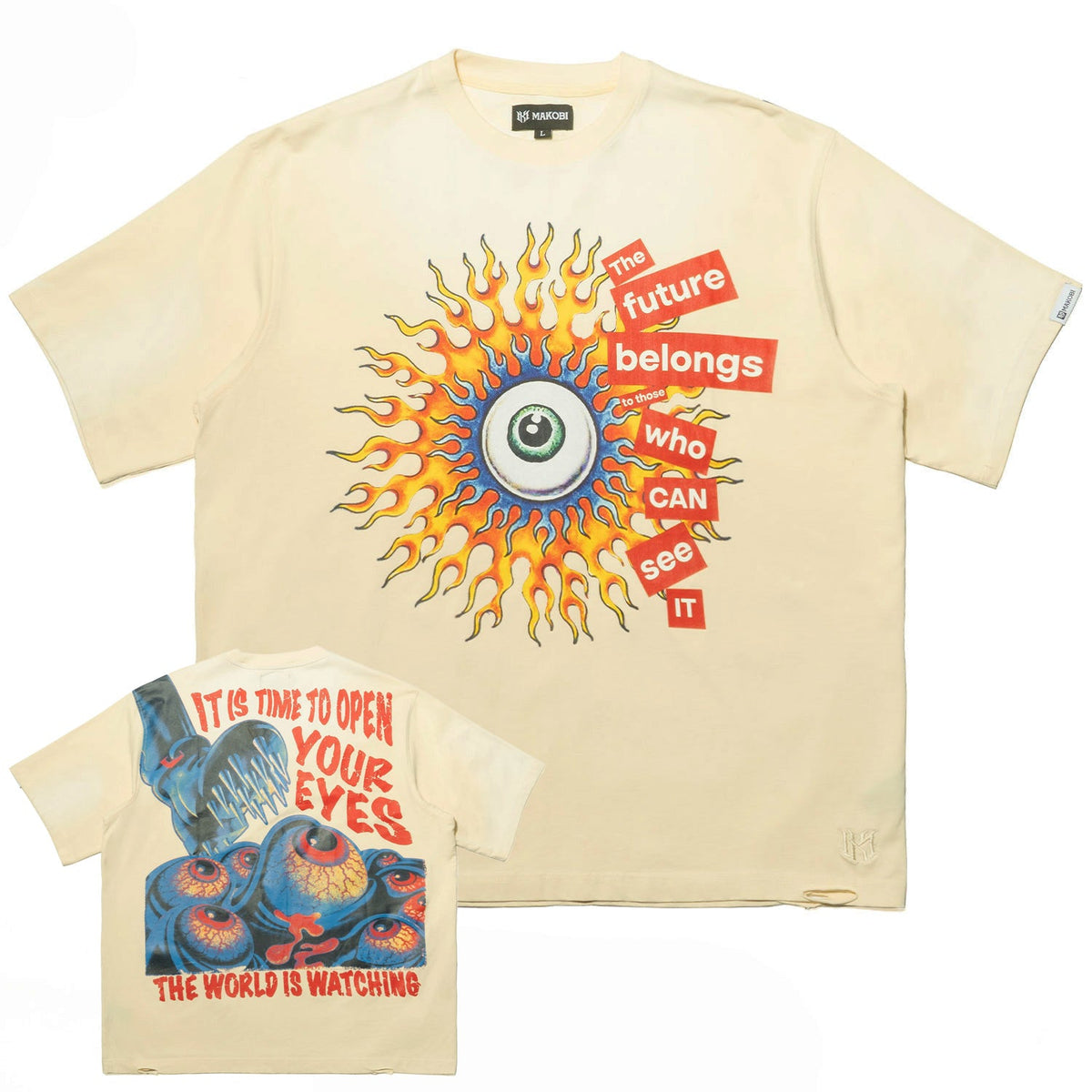 Makobi M360 The World Is Watching tee in Natural, showing eye and flame graphics on the front and back