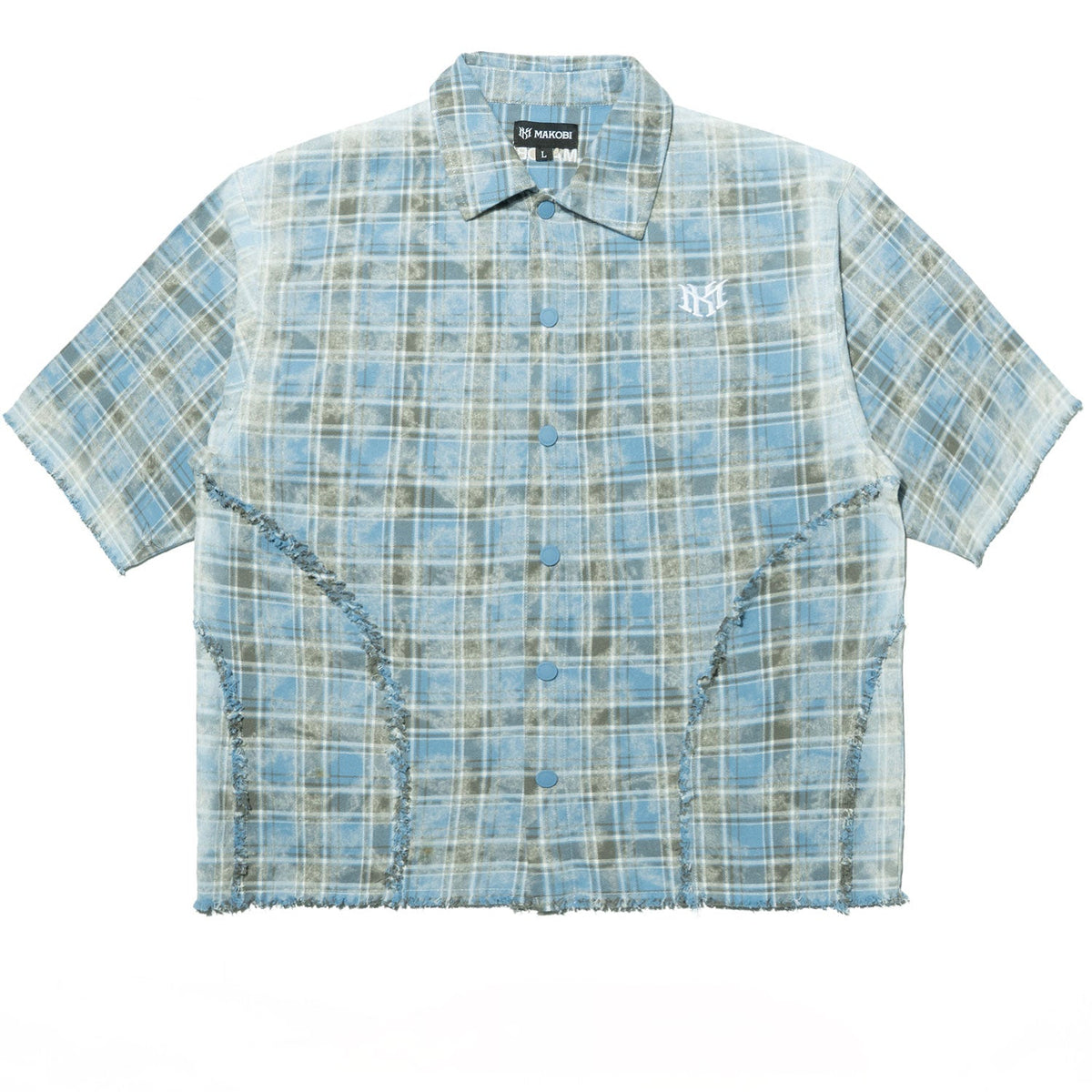 Makobi M838 Tesoro plaid short sleeve shirt in Blue with snap closures and frayed seams, front view