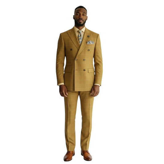 Mazari 2354 two-piece windowpane suit in Mustard, double-breasted jacket and matching trousers on model
