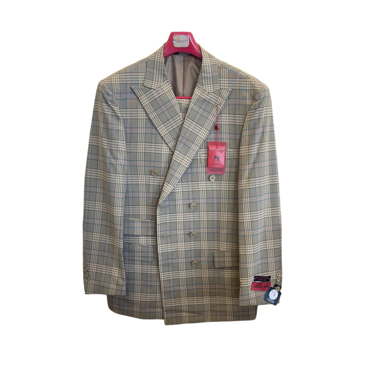 Mazari 2452 double-breasted modern fit suit in Taupe, jacket front showing plaid pattern and peak lapels