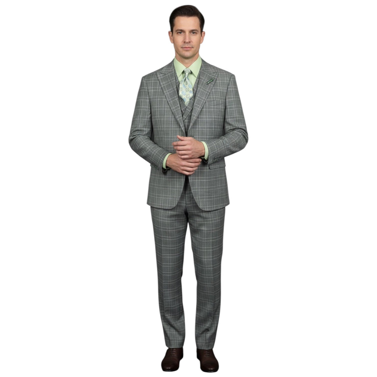 Mazari 2456 modern fit three-piece plaid suit in Green, showing jacket, vest and trousers on model