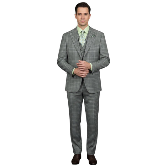 Mazari 2456 modern fit three-piece plaid suit in Green, showing jacket, vest and trousers on model