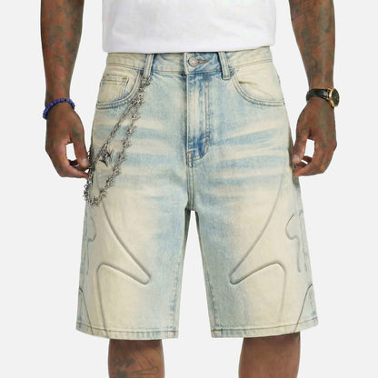 Melee Denim Shogun Embossed Jorts from On Time Fashions – Shorts by Melee Denim, Birmingham AL’s 1 fashion store and premier destination for streetwear, suits, kids fashion, and big & tall