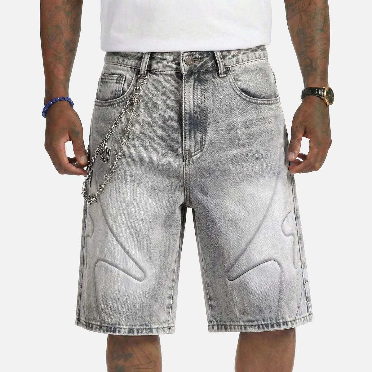 Melee Denim Shogun Embossed Jorts from On Time Fashions – Shorts by Melee Denim, Birmingham AL’s 1 fashion store and premier destination for streetwear, suits, kids fashion, and big & tall