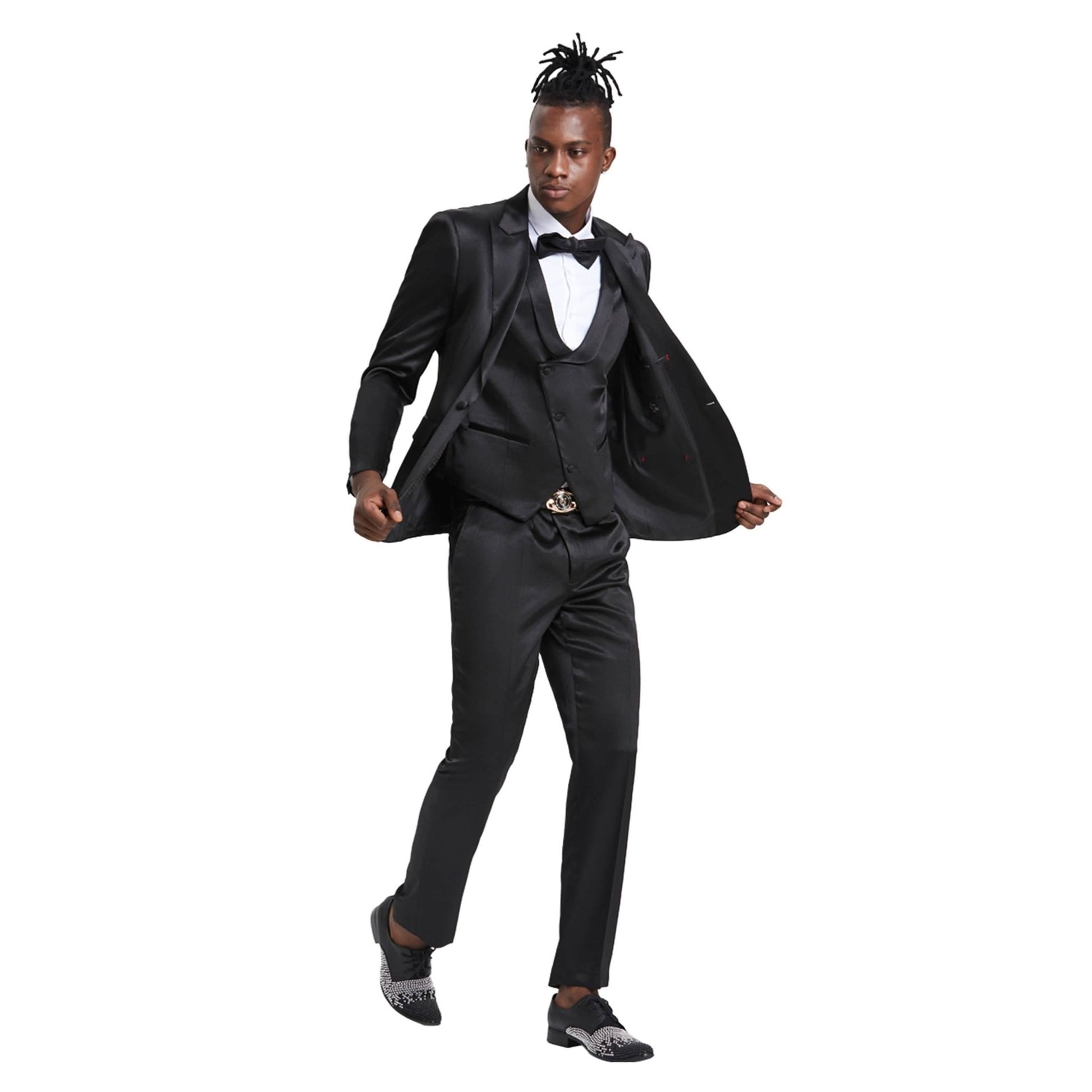 Mens Black Solid Shiny U-Shape Vest Suit from On Time Fashions – Mens-suit by Tazzio, Birmingham AL’s 1 fashion store and premier destination for streetwear, suits, kids fashion, and big & tall