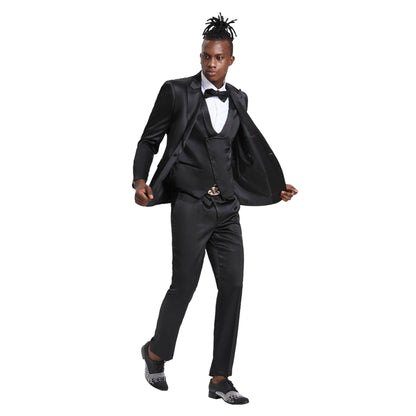 Mens Black Solid Shiny U-Shape Vest Suit from On Time Fashions – Mens-suit by Tazzio, Birmingham AL’s 1 fashion store and premier destination for streetwear, suits, kids fashion, and big & tall