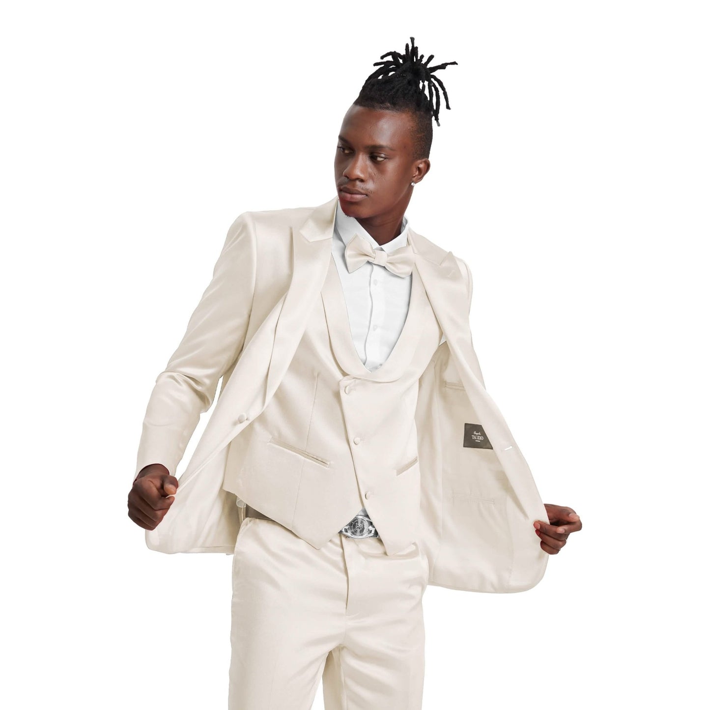 Men's Champagne Solid Shiny U-Shape Vest Suit from On Time Fashions – Mens-suit by Tazzio, Birmingham AL’s 1 fashion store and premier destination for streetwear, suits, kids fashion, and big & tall