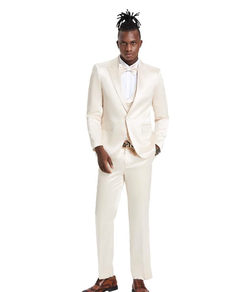 Men's Champagne Solid Shiny U-Shape Vest Suit from On Time Fashions – Mens-suit by Tazzio, Birmingham AL’s 1 fashion store and premier destination for streetwear, suits, kids fashion, and big & tall