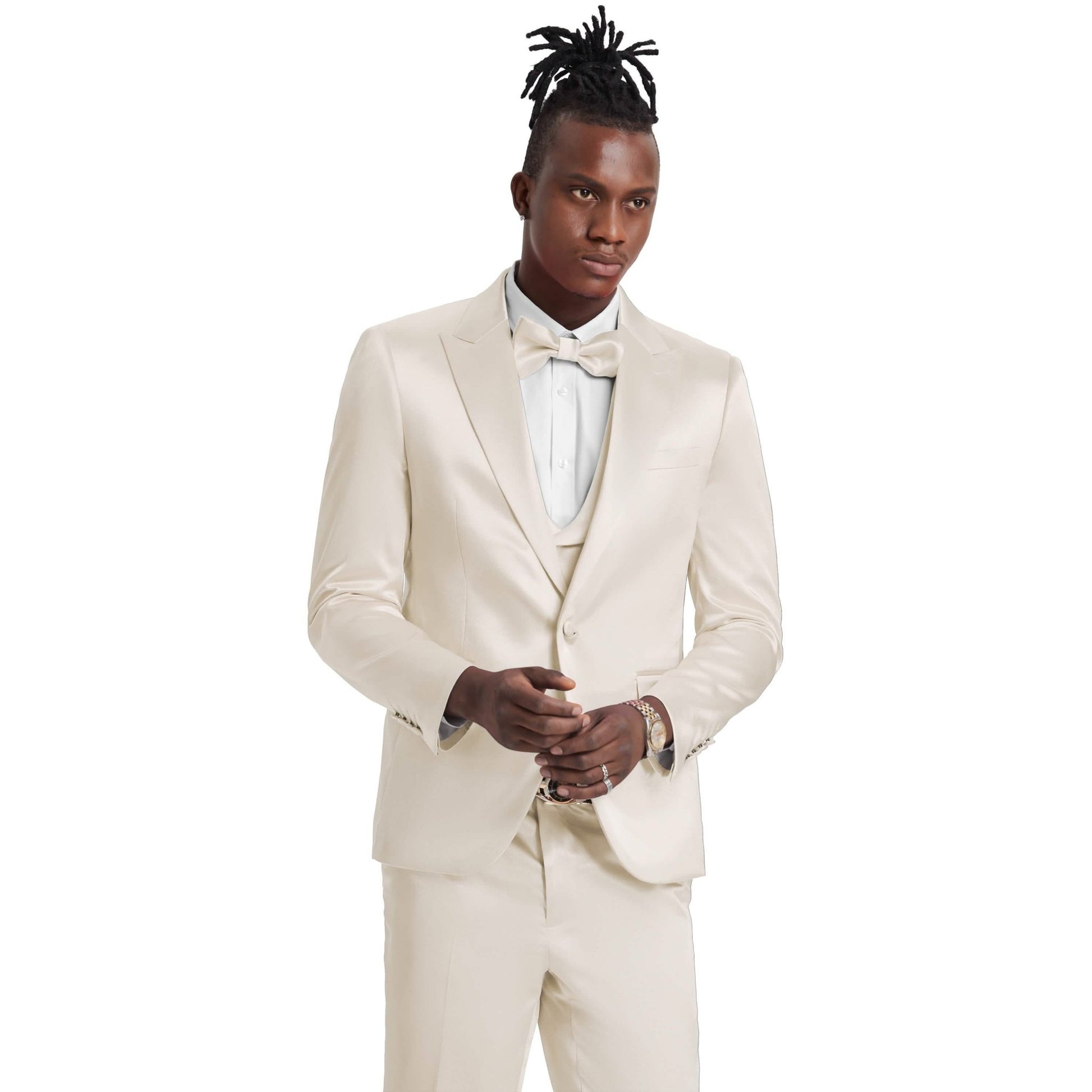 Men's Champagne Solid Shiny U-Shape Vest Suit from On Time Fashions – Mens-suit by Tazzio, Birmingham AL’s 1 fashion store and premier destination for streetwear, suits, kids fashion, and big & tall