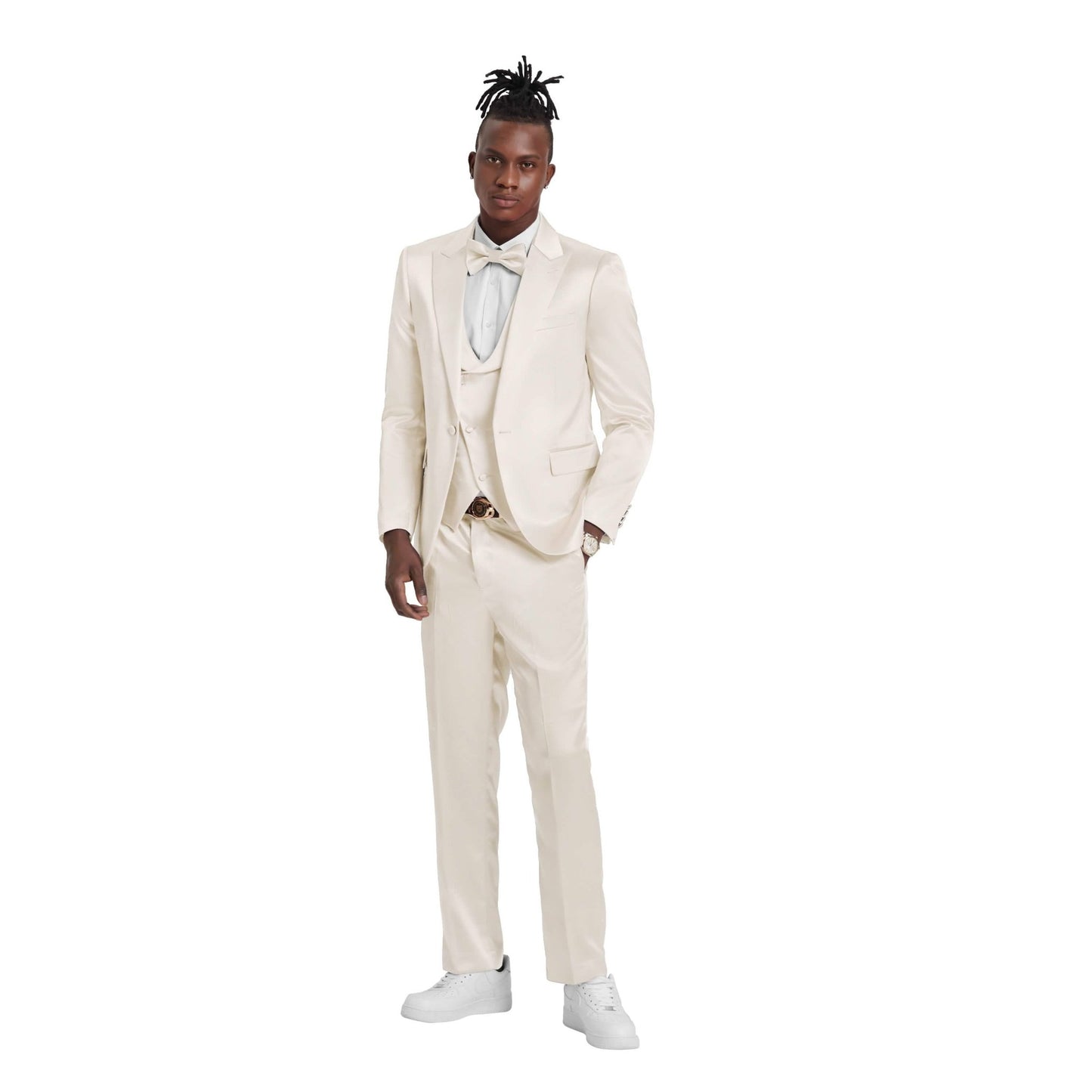Men's Champagne Solid Shiny U-Shape Vest Suit from On Time Fashions – Mens-suit by Tazzio, Birmingham AL’s 1 fashion store and premier destination for streetwear, suits, kids fashion, and big & tall