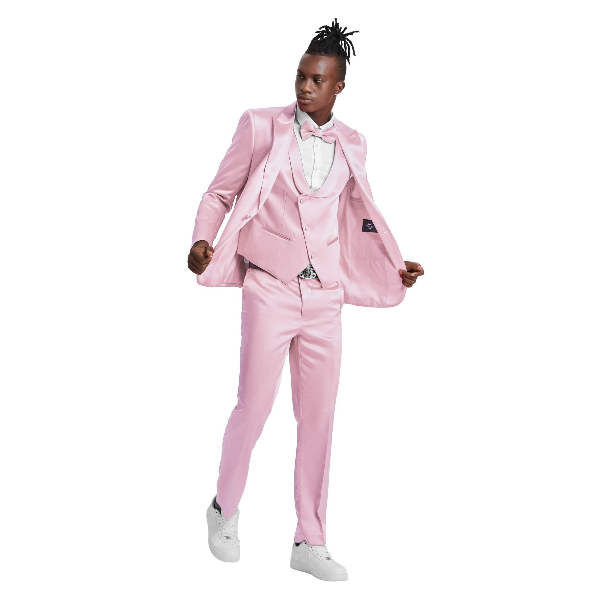 Men's Dusty Rose Solid Shiny U-Shape Vest Suit from On Time Fashions – Mens-suit by Tazzio, Birmingham AL’s 1 fashion store and premier destination for streetwear, suits, kids fashion, and big & tall