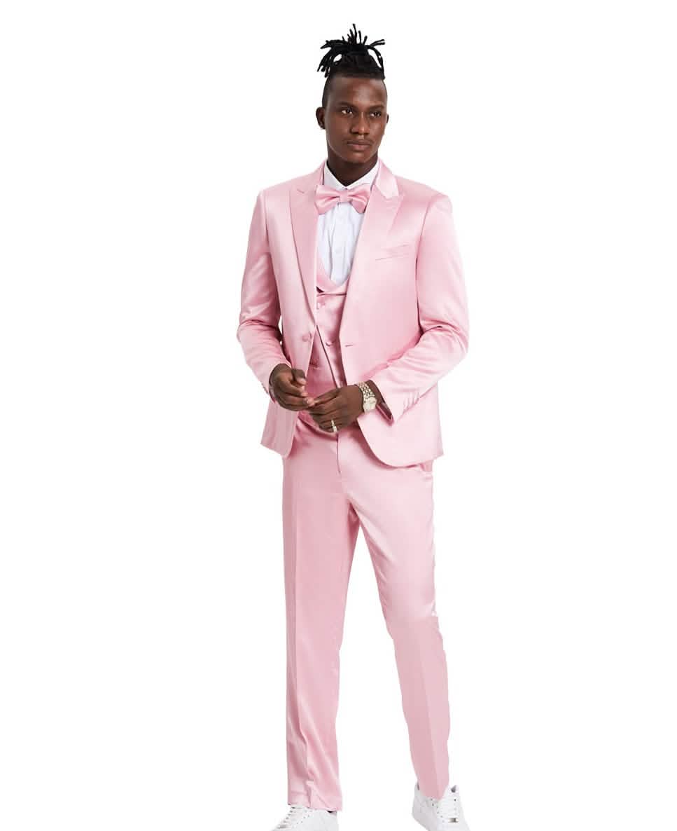 Men's Dusty Rose Solid Shiny U-Shape Vest Suit from On Time Fashions – Mens-suit by Tazzio, Birmingham AL’s 1 fashion store and premier destination for streetwear, suits, kids fashion, and big & tall