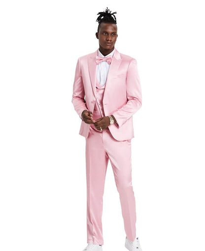 Men's Dusty Rose Solid Shiny U-Shape Vest Suit from On Time Fashions – Mens-suit by Tazzio, Birmingham AL’s 1 fashion store and premier destination for streetwear, suits, kids fashion, and big & tall