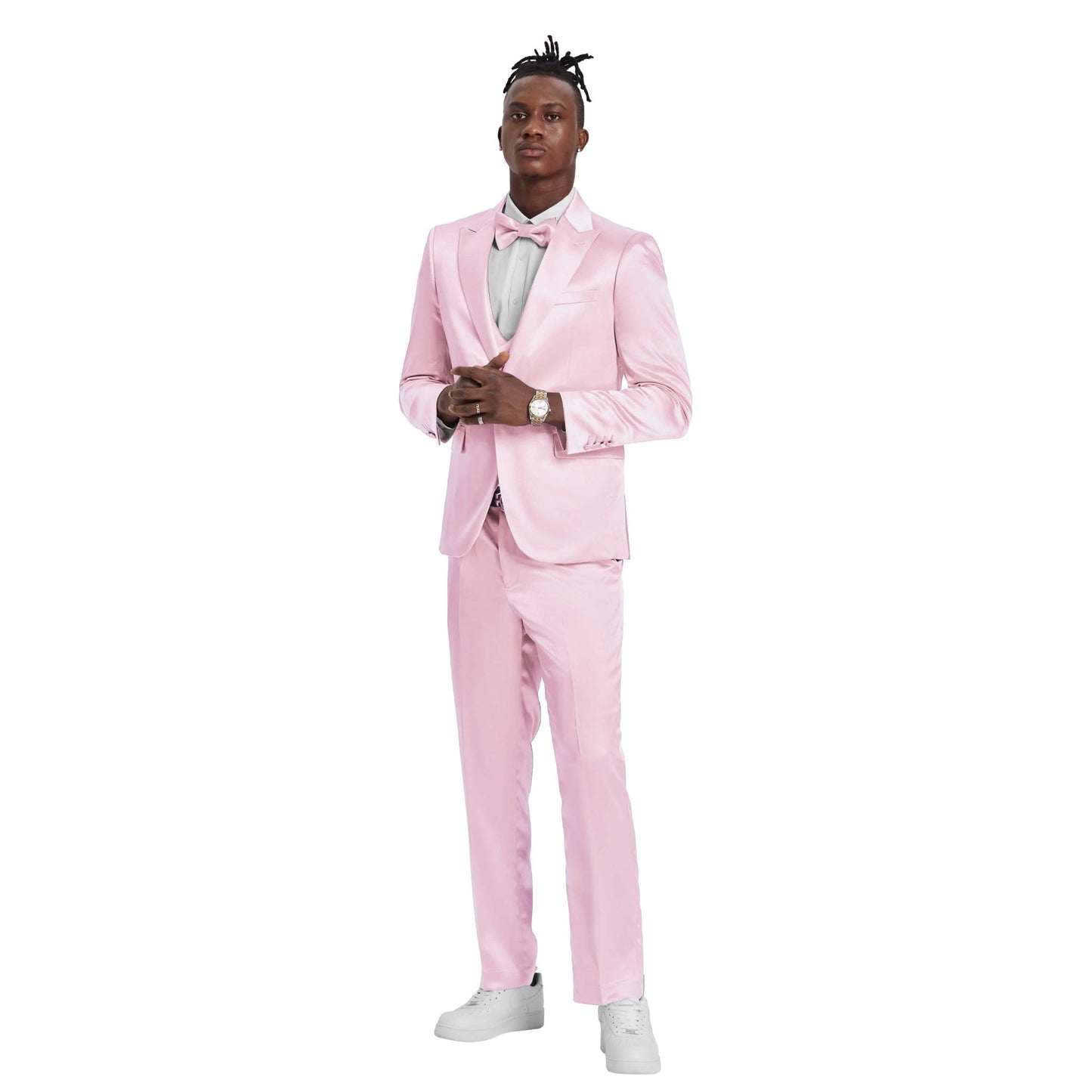 Men's Dusty Rose Solid Shiny U-Shape Vest Suit from On Time Fashions – Mens-suit by Tazzio, Birmingham AL’s 1 fashion store and premier destination for streetwear, suits, kids fashion, and big & tall