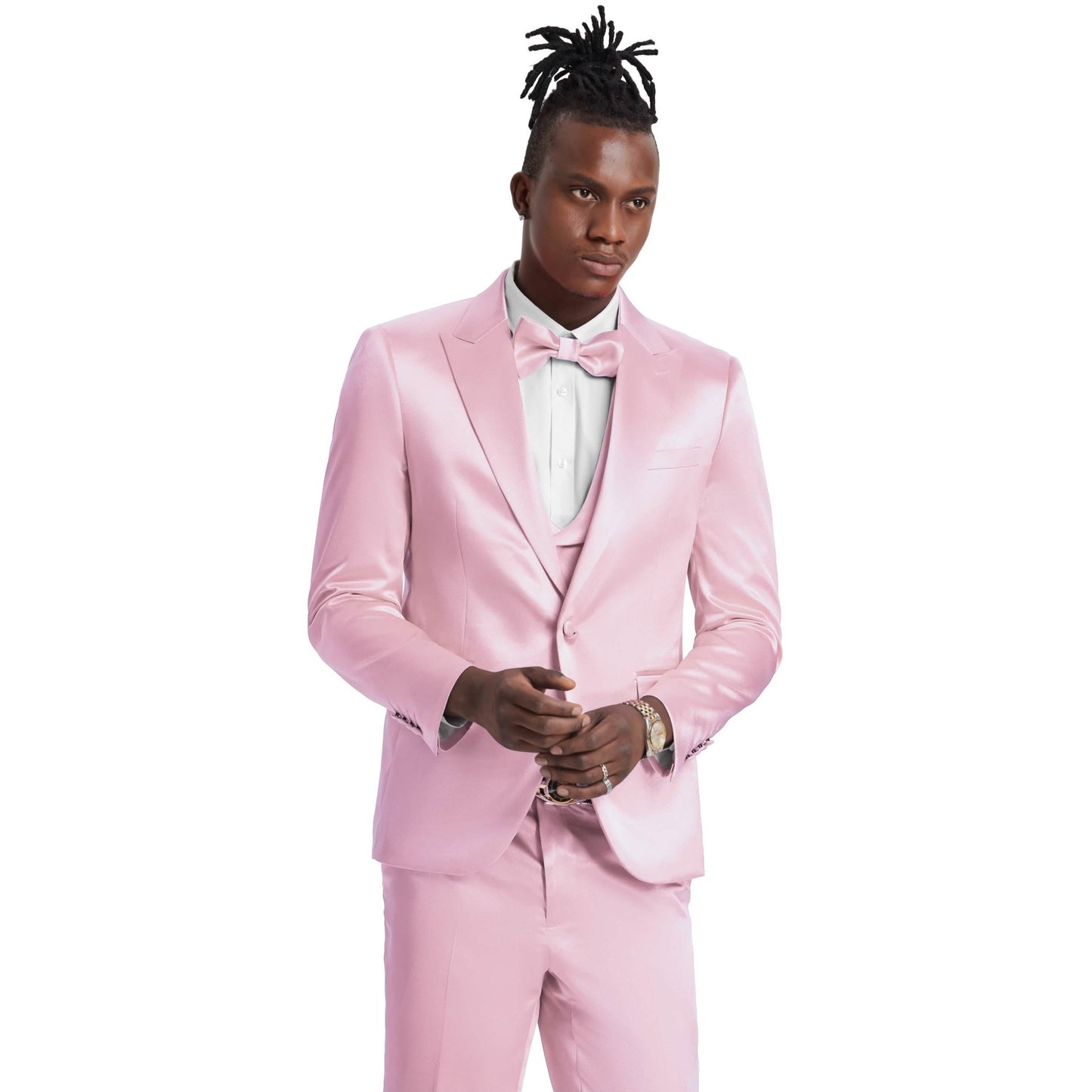 Men's Dusty Rose Solid Shiny U-Shape Vest Suit from On Time Fashions – Mens-suit by Tazzio, Birmingham AL’s 1 fashion store and premier destination for streetwear, suits, kids fashion, and big & tall