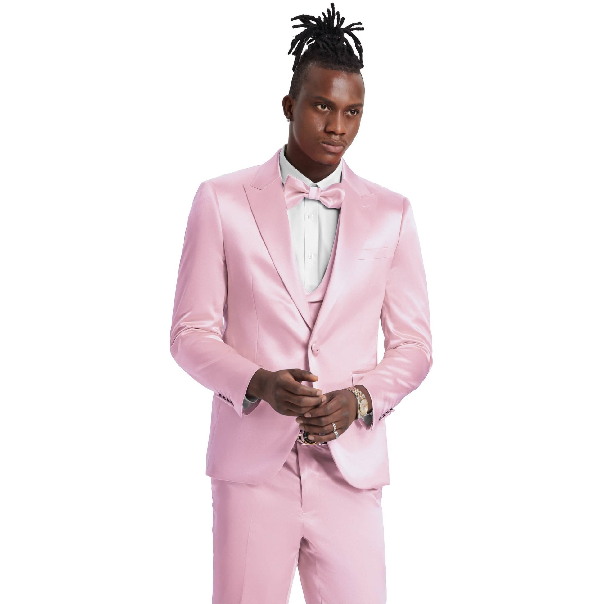 Men's Dusty Rose Solid Shiny U-Shape Vest Suit from On Time Fashions – Mens-suit by Tazzio, Birmingham AL’s 1 fashion store and premier destination for streetwear, suits, kids fashion, and big & tall