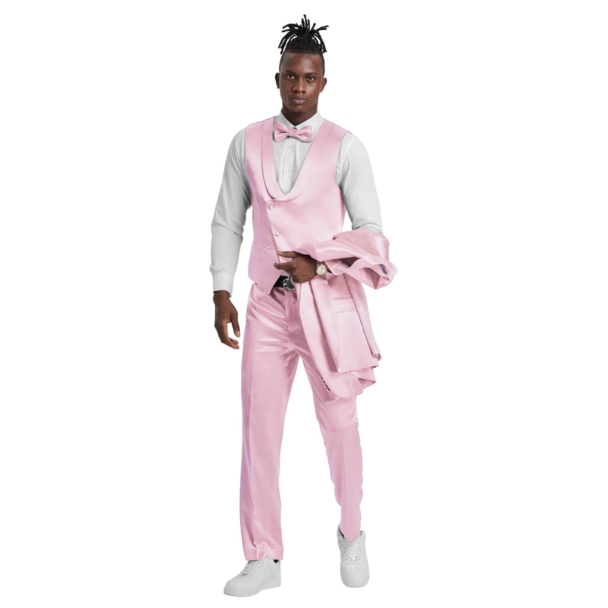 Men's Dusty Rose Solid Shiny U-Shape Vest Suit from On Time Fashions – Mens-suit by Tazzio, Birmingham AL’s 1 fashion store and premier destination for streetwear, suits, kids fashion, and big & tall