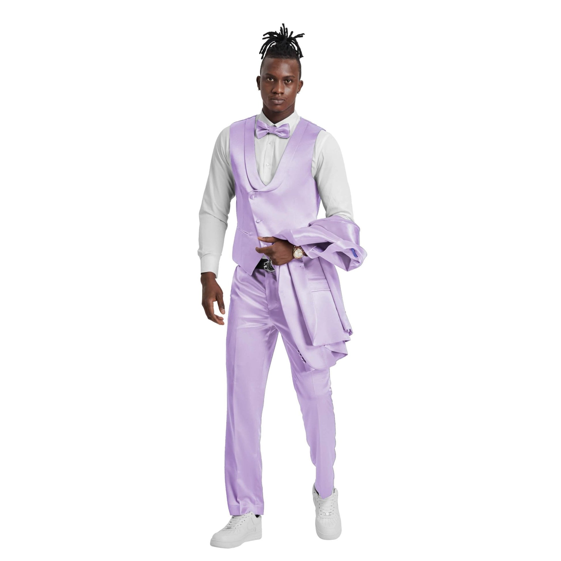 Men's Lavender Solid Shiny U-Shape Vest Suit from On Time Fashions – Mens-suit by Tazzio, Birmingham AL’s 1 fashion store and premier destination for streetwear, suits, kids fashion, and big & tall