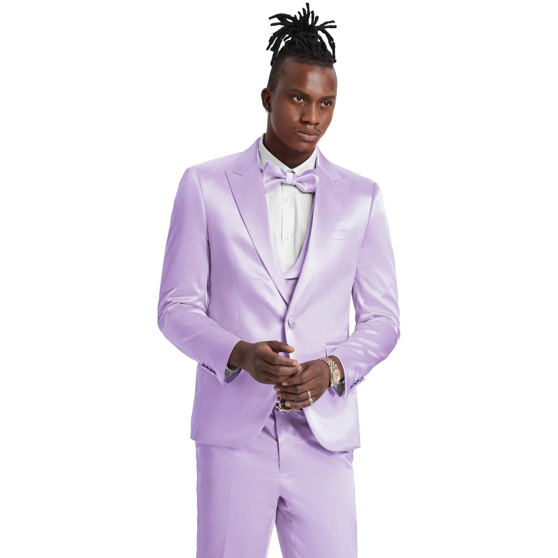 Men's Lavender Solid Shiny U-Shape Vest Suit from On Time Fashions – Mens-suit by Tazzio, Birmingham AL’s 1 fashion store and premier destination for streetwear, suits, kids fashion, and big & tall