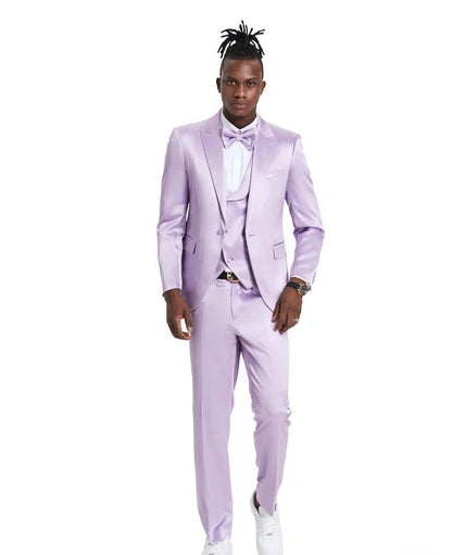 Men's Lavender Solid Shiny U-Shape Vest Suit from On Time Fashions – Mens-suit by Tazzio, Birmingham AL’s 1 fashion store and premier destination for streetwear, suits, kids fashion, and big & tall