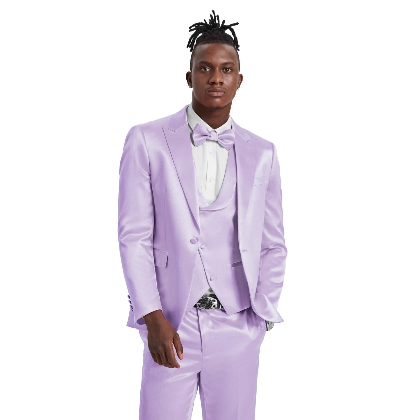 Men's Lavender Solid Shiny U-Shape Vest Suit from On Time Fashions – Mens-suit by Tazzio, Birmingham AL’s 1 fashion store and premier destination for streetwear, suits, kids fashion, and big & tall