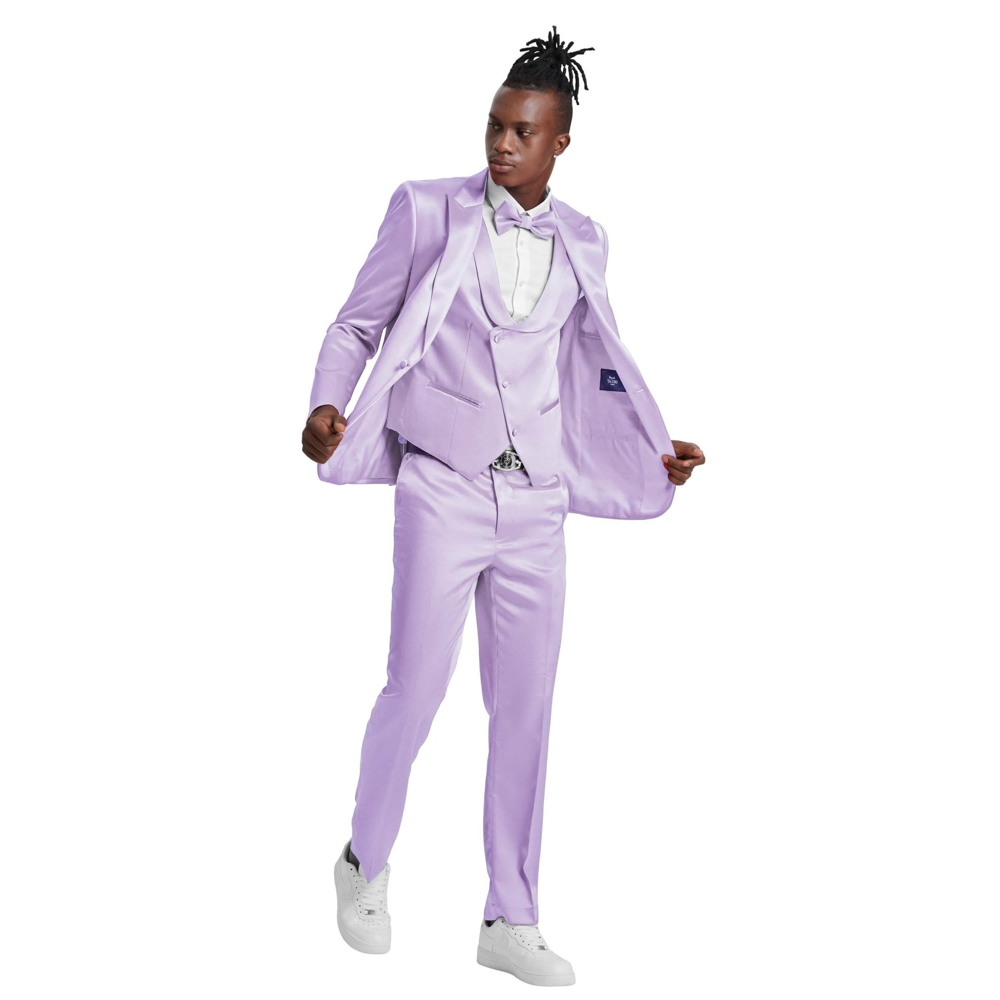 Men's Lavender Solid Shiny U-Shape Vest Suit from On Time Fashions – Mens-suit by Tazzio, Birmingham AL’s 1 fashion store and premier destination for streetwear, suits, kids fashion, and big & tall