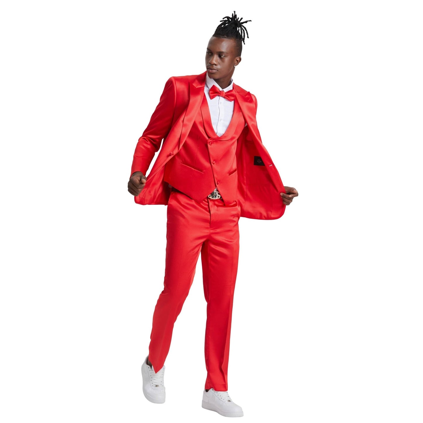 Men's Red Solid Shiny U-Shape Vest Suit from On Time Fashions – Mens-suit by Tazzio, Birmingham AL’s 1 fashion store and premier destination for streetwear, suits, kids fashion, and big & tall