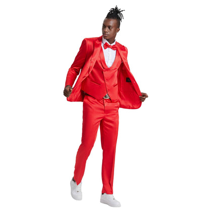 Men's Red Solid Shiny U-Shape Vest Suit from On Time Fashions – Mens-suit by Tazzio, Birmingham AL’s 1 fashion store and premier destination for streetwear, suits, kids fashion, and big & tall