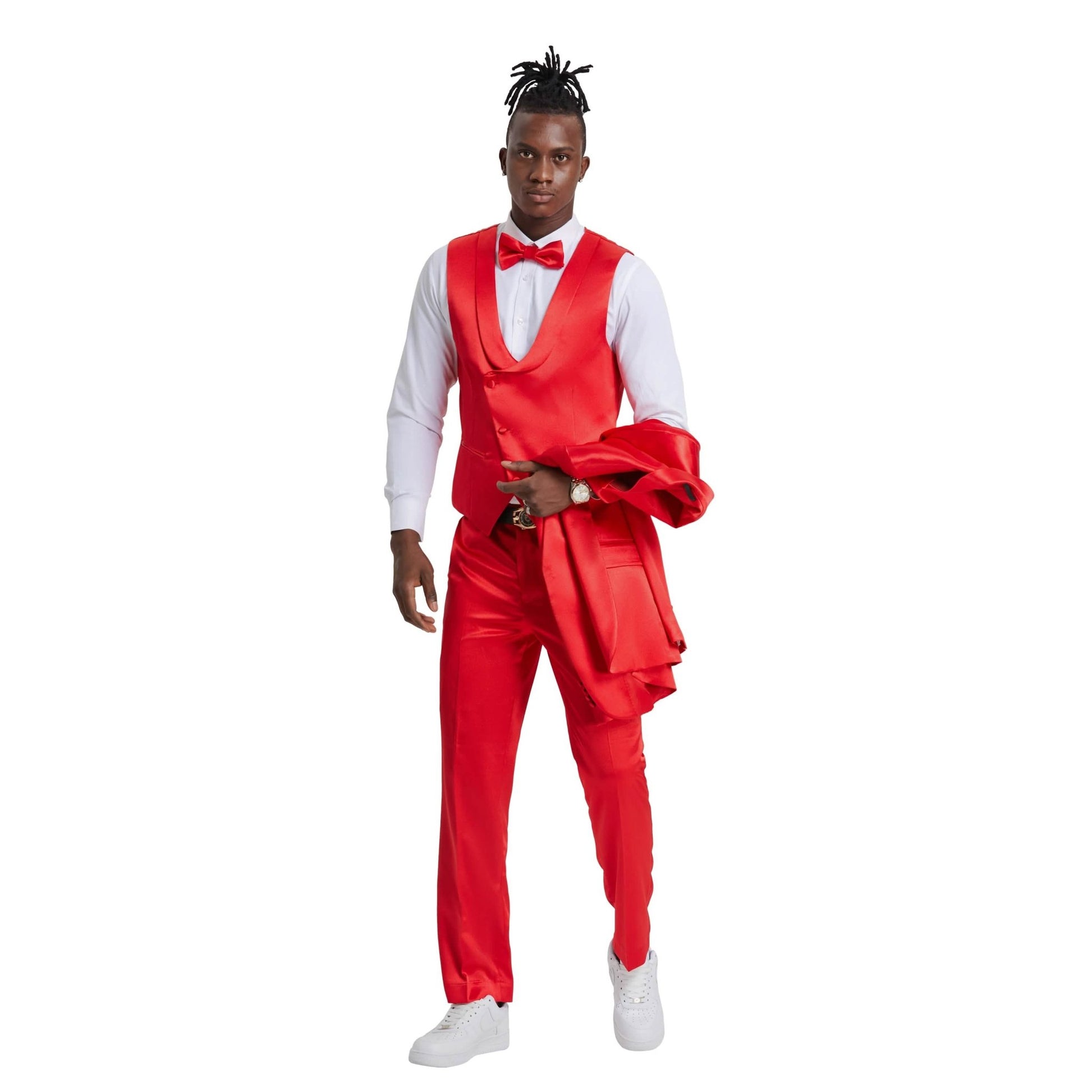 Men's Red Solid Shiny U-Shape Vest Suit from On Time Fashions – Mens-suit by Tazzio, Birmingham AL’s 1 fashion store and premier destination for streetwear, suits, kids fashion, and big & tall