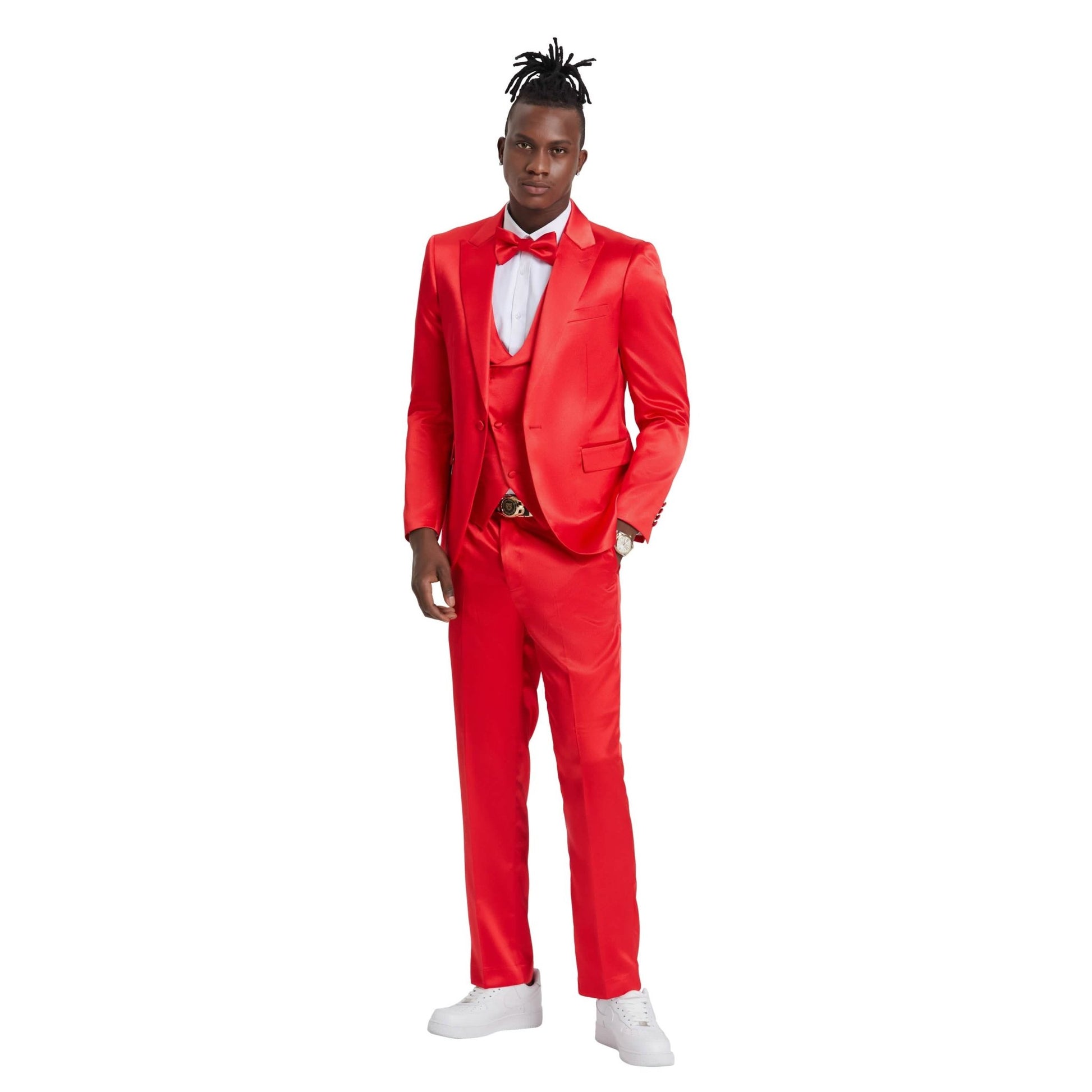 Men's Red Solid Shiny U-Shape Vest Suit from On Time Fashions – Mens-suit by Tazzio, Birmingham AL’s 1 fashion store and premier destination for streetwear, suits, kids fashion, and big & tall