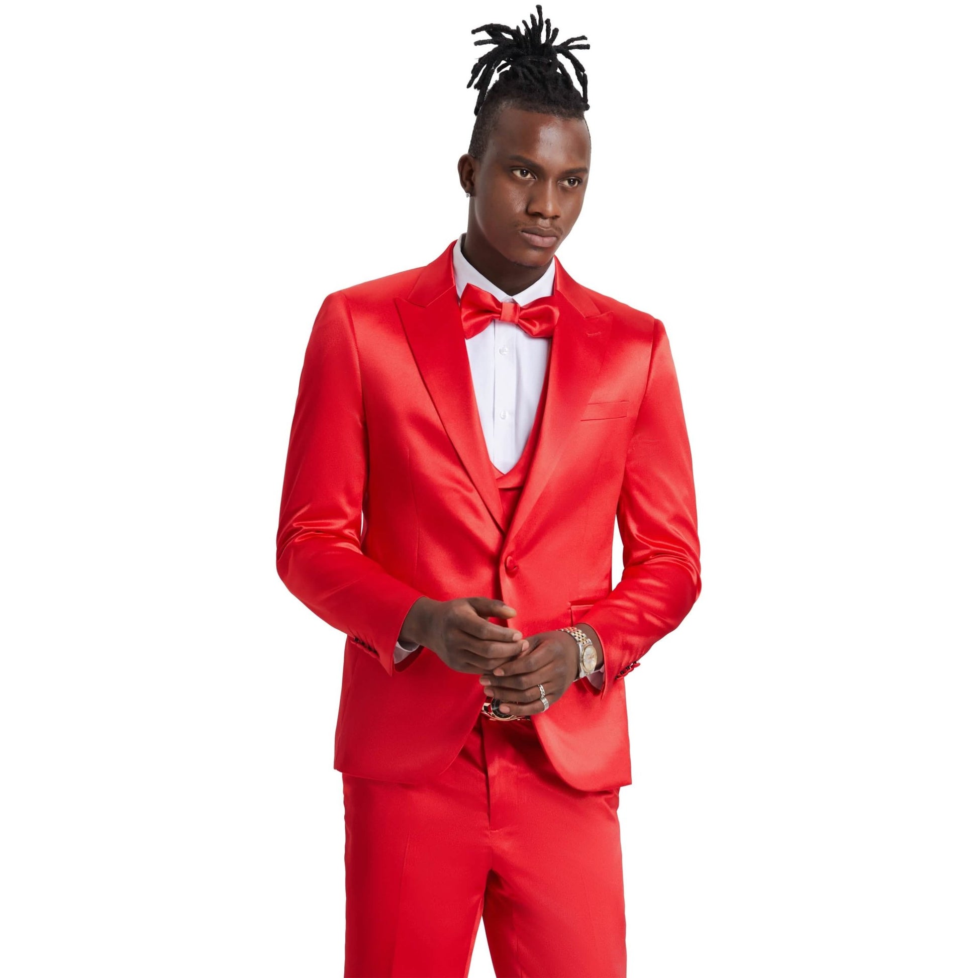 Men's Red Solid Shiny U-Shape Vest Suit from On Time Fashions – Mens-suit by Tazzio, Birmingham AL’s 1 fashion store and premier destination for streetwear, suits, kids fashion, and big & tall