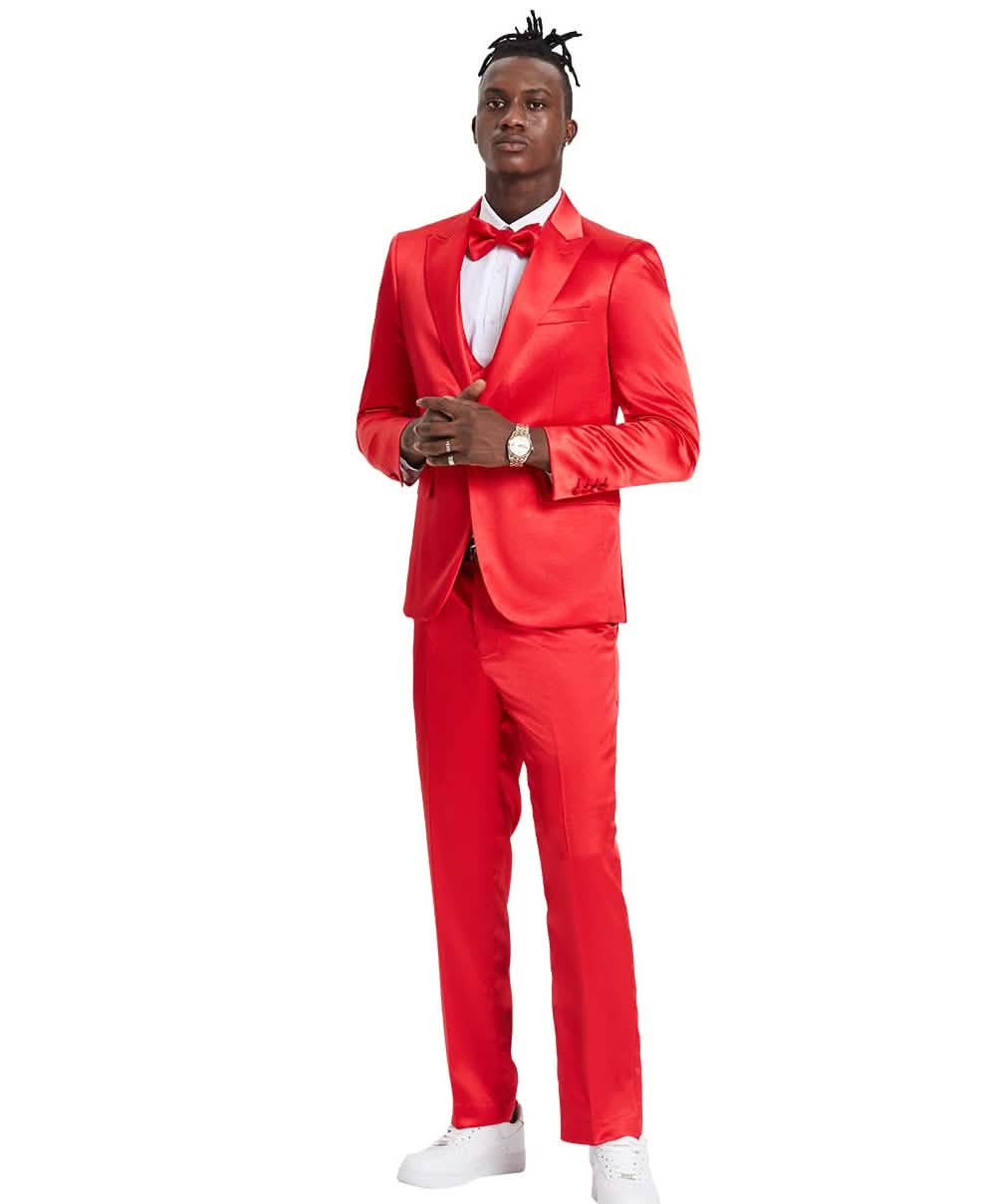 Men's Red Solid Shiny U-Shape Vest Suit from On Time Fashions – Mens-suit by Tazzio, Birmingham AL’s 1 fashion store and premier destination for streetwear, suits, kids fashion, and big & tall