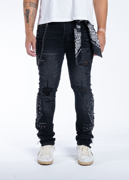 Midnight Black Ankh jeans in Black Bandana, front view