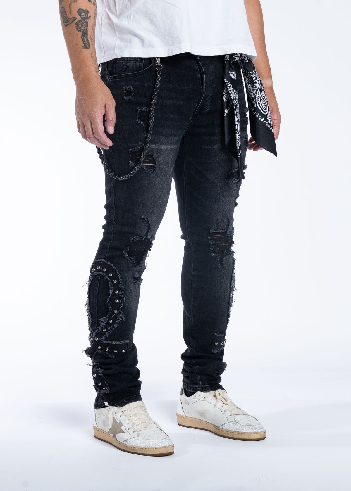 Midnight Black Ankh black jeans with bandana and chain, angled view
