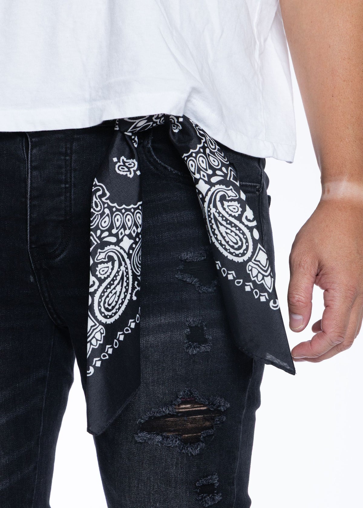 Detachable black paisley bandana on Ankh jeans