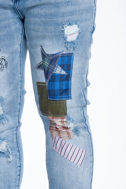 Plaid star and patchwork details on Stallions jeans