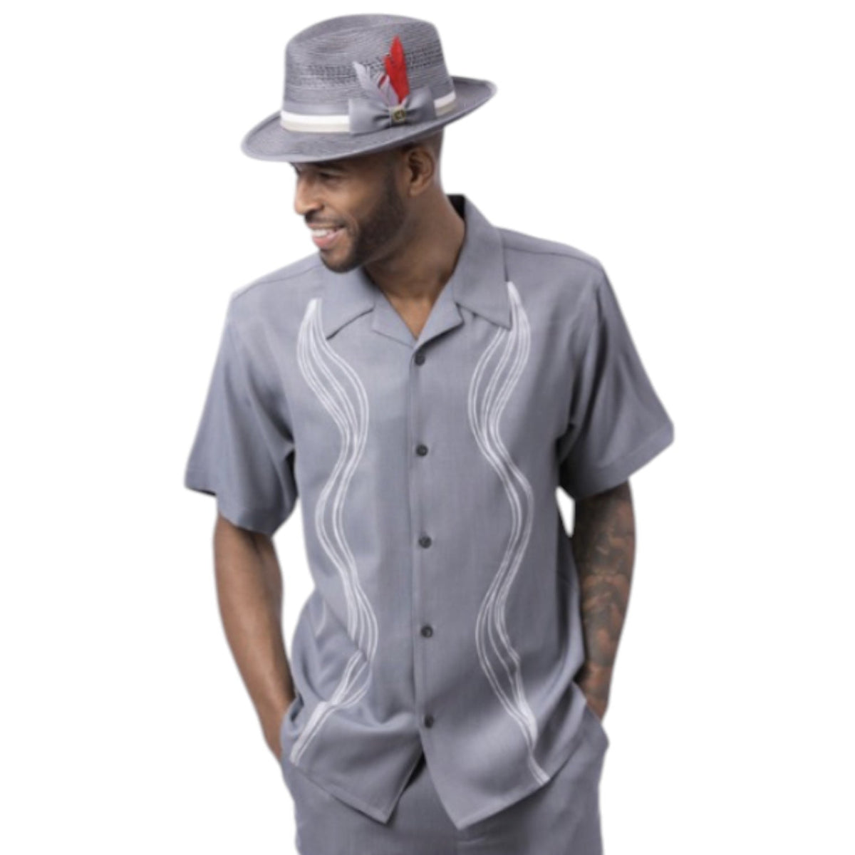 Montique 26001 two-piece short-sleeve walking suit in Grey, model view; hat not included