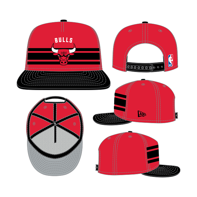 New Era supplier artwork: Chicago Bulls 2026 Tip-Off red and black 9FIFTY A-Frame snapback, multiple views