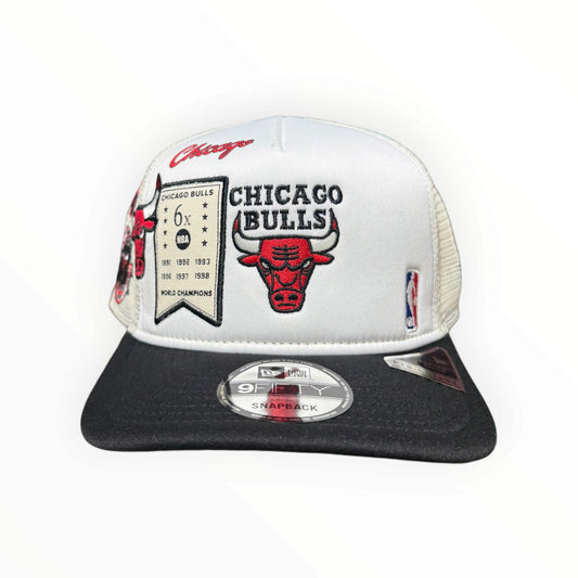 New Era Chicago Bulls white and black Championship 9FIFTY A Frame trucker hat front view