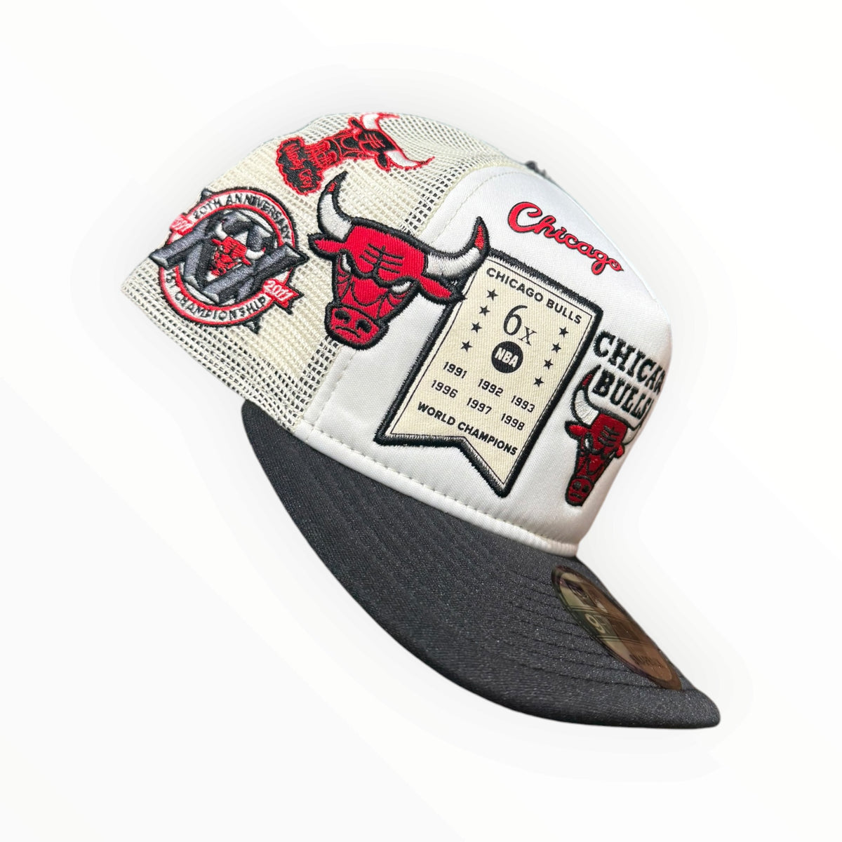 New Era Chicago Bulls white and black Championship 9FIFTY A Frame trucker hat side patches