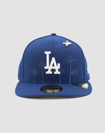 Front of New Era Dodgers 59FIFTY fitted hat 60915474 with white LA logo and palm trees