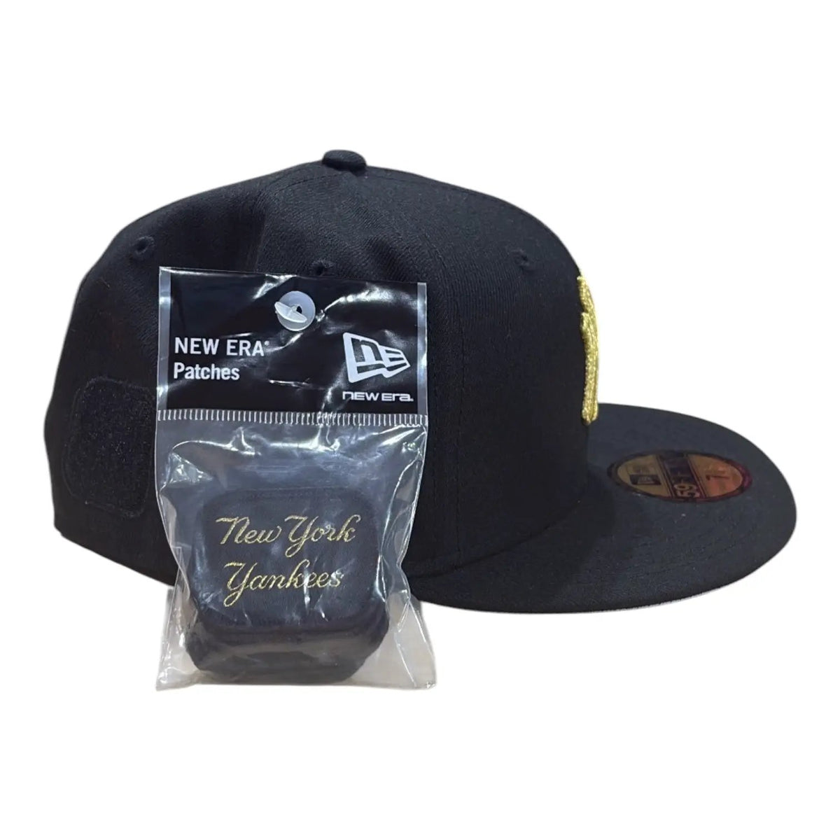 New Era Yankees black and gold fitted hat with included interchangeable patch pack