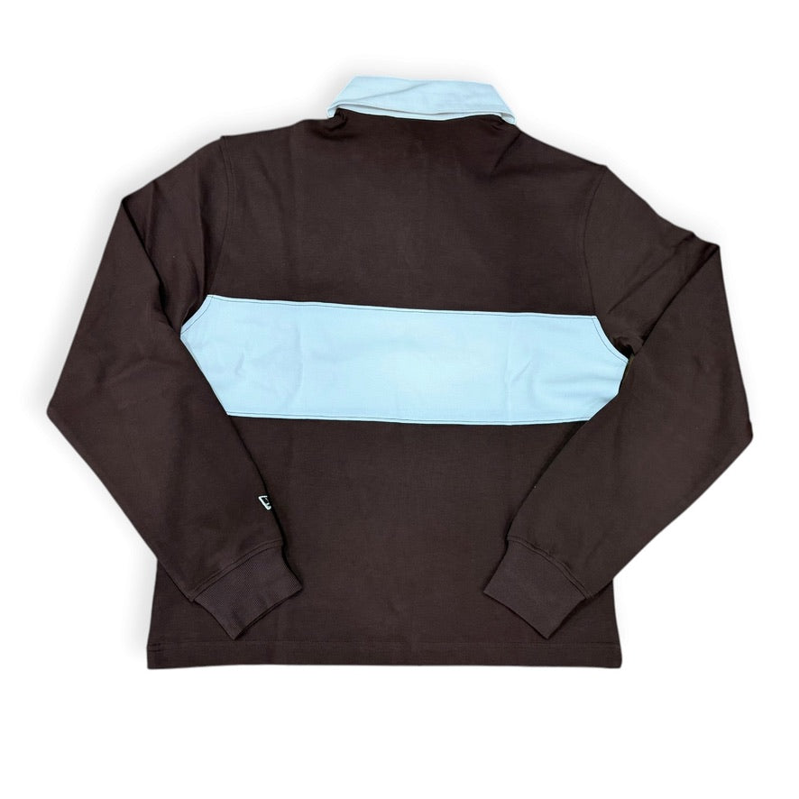 New Era New York Yankees colorblock long sleeve rugby polo in brown and cream, back