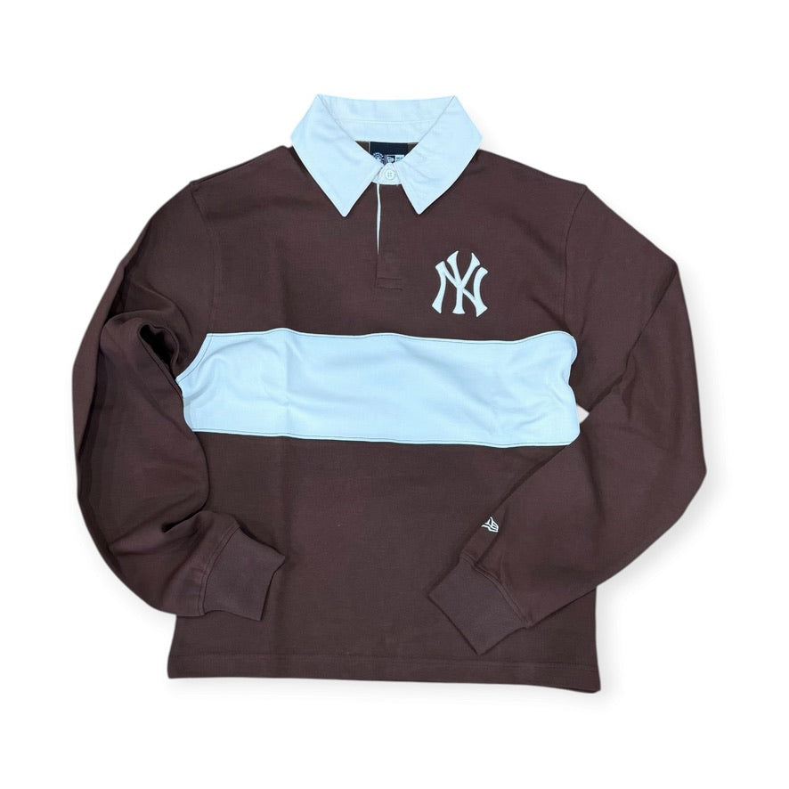 New Era New York Yankees colorblock long sleeve rugby polo in brown and cream, front