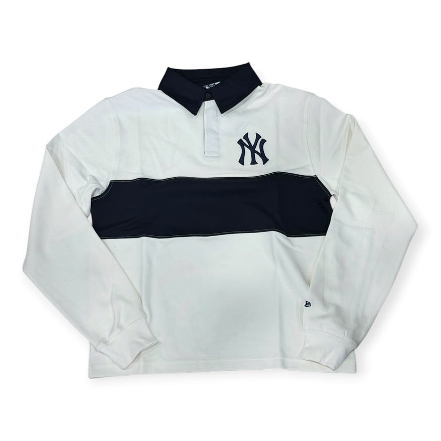 New Era New York Yankees colorblock long sleeve rugby polo in cream and navy, front