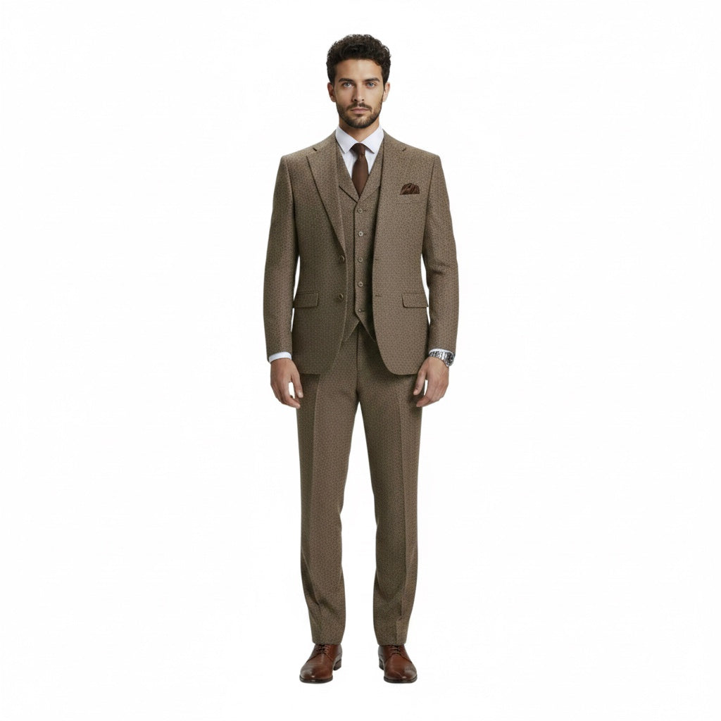 NOAH JOHN: Tweed 3pc Modern Suit DK04 in Brown